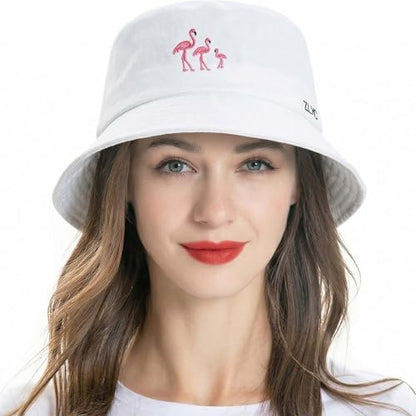 ZLYC Cotton Bucket Hat for Women Men Embroidered Packable Summer Sun Cap - color: White Flamingo
