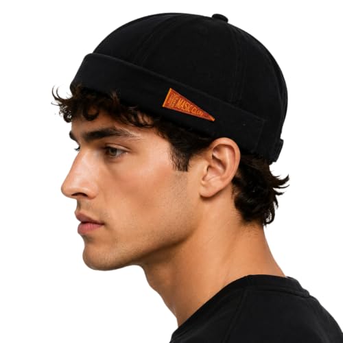 Retro Brimless Docker Cap Rolled Cuff Cotton Beanie Hat - color: Black