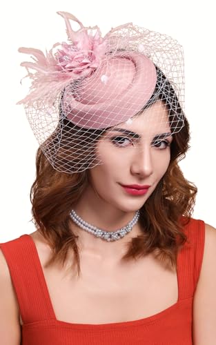 Fascinators Hats for Women Pillbox Hat 20s 30s 50s Vintage Feather Headwear Bowler Flower Veil Wedding Tea Party Hat - color: X-blush