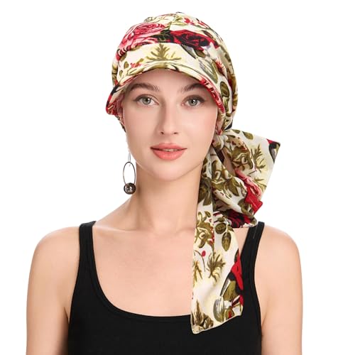 ZLYC Chemo Headwear for Women Brim Visor Head Scarf Pre Tied Headwraps Lightweight Skull Cap - color: Bound Rose Bige