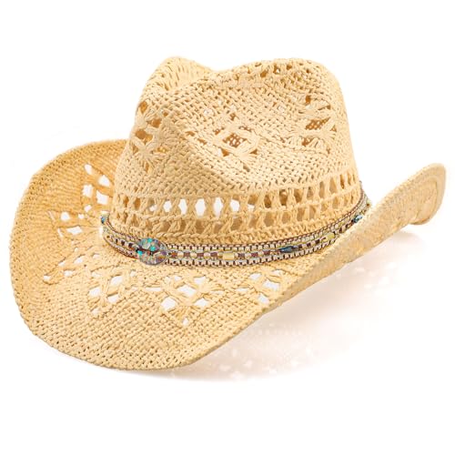 WQWOVRVO Cowboy Hat,Cowgirl Hat,Cowboy Hats for Women/Mens/Straw Wide with Shapeable Brim Cowboy Hat for Womens/White/Black. - color: Beige + Chains