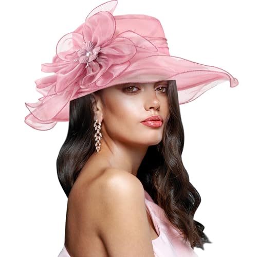 AQOKKA Women Organza Church Fascinators Kentucky Derby Hats for Women and Girls Wedding Flower Tea Party Hat with Wide Brim - color: Simulated Flower : Light Pink