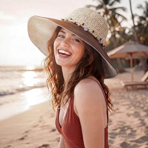 Women’s Packable Sun Hat, Wide Brim Foldable Beach Hat, UPF 50+ UV Protection Travel Summer Hat with Adjustable Fit - color: Khaki