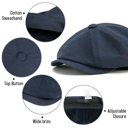 BOTVELA Men's Newsboy Gatsby Hat Cotton Cabbie Cap - color: Navy, size: 7 1/2