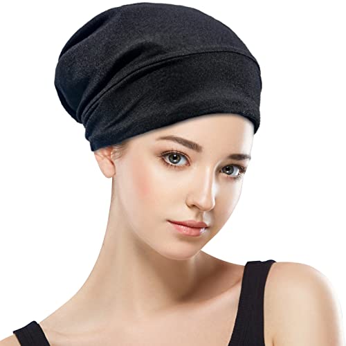 Silk Satin Lined Bonnet Sleep Cap - Adjustable Stay on All Night Hair Wrap Cover Slouchy Beanie for Curly Protection Women and Men Solid Black - color: Solid Black, size: One Size
