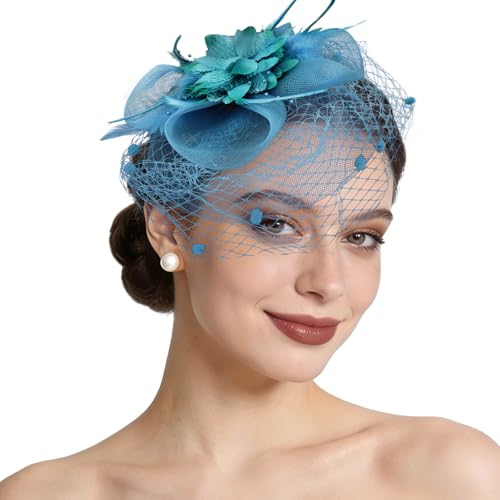Semato Fascinators Hats for Women Mesh Feathers Elegant Blue Tea Party Kentucky Hat Derby Headband with Hair Clip - color: Blue