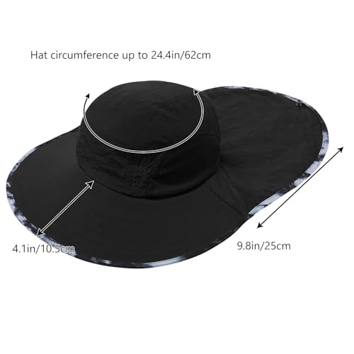 BASSDASH UPF 50+ Unisex Water Resistant Wide Brim Sun Hat with Large Neck Flap Ponytail Fishing Hat for Men Women - color: Black/Splash Black