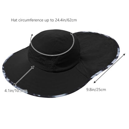 BASSDASH UPF 50+ Unisex Water Resistant Wide Brim Sun Hat with Large Neck Flap Ponytail Fishing Hat for Men Women - color: Black/Splash Black