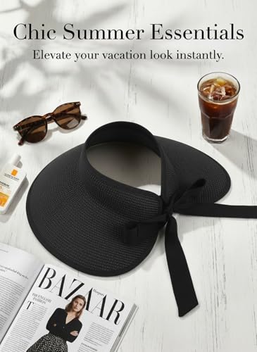 Sun Visor Hat for Women Wide Brim Ponytail Straw Hat UV UPF Summer Beach Vacation Packable Foldable Travel - color: Black