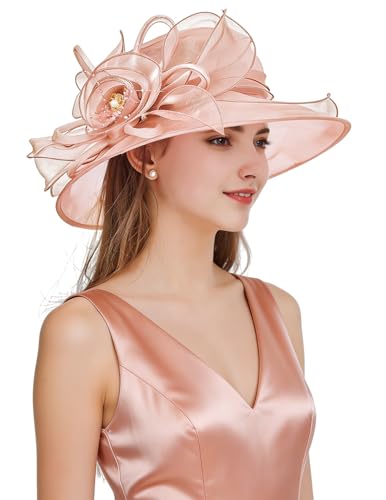 Women Derby Fascinator Hat Organza Church Wedding Hats Wide Brim Cocktail Tea Party Hat - color: 08 Peach Pink