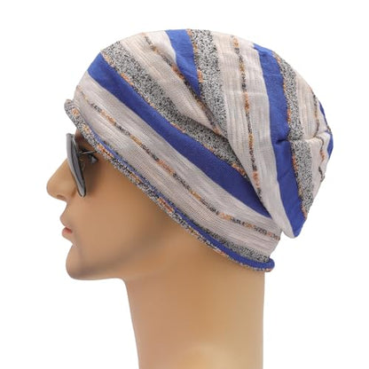 ZLYC Cotton Thin Slouchy Beanie Hat for Men Women Stretch Skull Cap - color: Stripes Blue, size: One Size