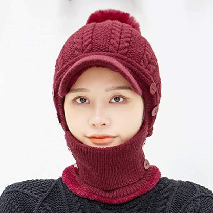 HUAMULAN Women Cable Knit Balaclavas Winter Fleece Lined Beanie Hat - color: Wine Red With Pompom