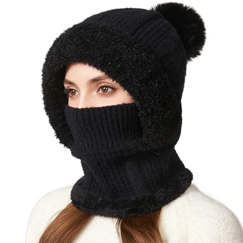 HUAMULAN Women Cable Knit Balaclavas Winter Fleece Lined Beanie Hat - color: Solid Black