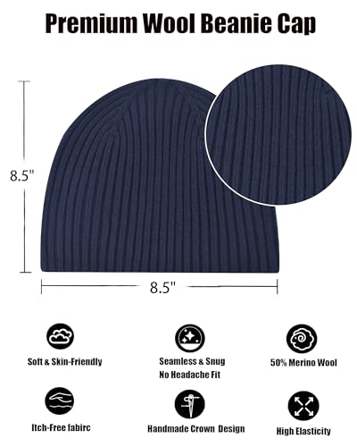 Wool Knit Beanie Hats for Men Women,Cuffless Winter Skull Caps - color: 1-navy Blue