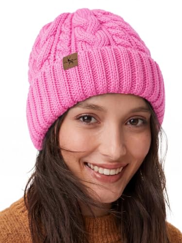 Winter Hats for Women Cable Knit Chunky Skull Cap Fleece Lined Thick Fold Cuff Beanie hat - color: Pink, style: Wheat Spike