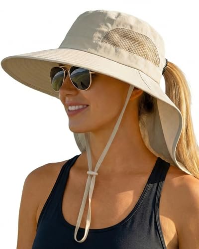 Women Sun Hats UV Protection Wide Brim with Bucket Ponytail Hole - color: Beige
