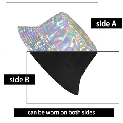 MILAKOO Rave Hologram Metallic Bucket Hat Reversible Cap Reflective Waterproof Rain Fisherman Hat - color: B: Silver