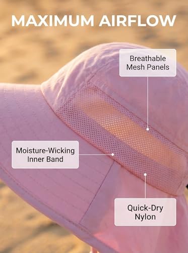 icolor Kids Sun Hat UPF50+ Sun Protection Bucket Hat Toddler Summer Beach Play Hats with Neck Flap for Girl Boy Ages 3~10 - color: Solidpink