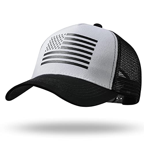 American Flag Trucker Hat - Snapback Hat, Baseball Cap for Men Women - Breathable Mesh Side, Adjustable Fit - for Casual Wear - color: White/Black