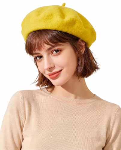 French Beret Hats for Women Men - Classic Wool Beanie Winter Cap - color: Yellow