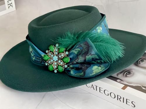 Classic Wide Brim Fedora Hat for Women Floppy Panama Hat for Party Wedding Fascinator Hat with Band Sun Protection 2025 - color: Green a