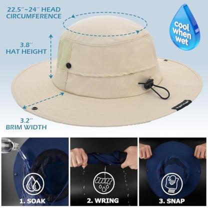 Cooling Sun Bucket Hat, UPF 50+ Wide Brim Boonie Hat with Ponytail Hole - color: 01 Beige
