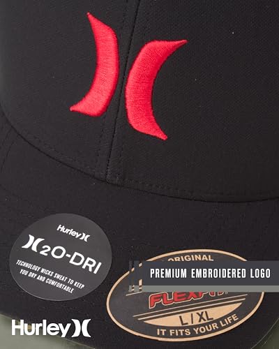 Hurley Mens Baseball Cap Curved Brim Moisture Wicking Flexfit Fitted Hats - color: Black/Red, size: Small-Medium