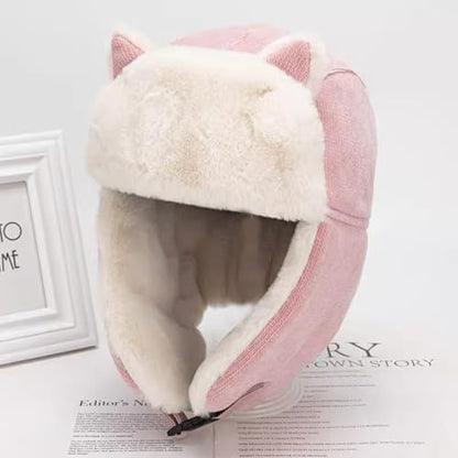 PURFUN Kids Fuzzy Faux Fur Trapper Hats with Cat Ear, Girls Boys Windproof Cozy Earflap Hats Ushanka Ski Caps for 3-8 Yrs - color: Pink