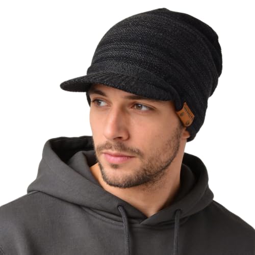 Ruphedy Mens Beanie with Brim Winter Hat Knitted Thick Fleece Visor Beanie - color: B319-grey