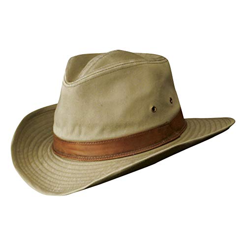 Dorfman Hat Co. - Saguaro -Men’s Twill Outback Hat -Garment Washed Twill -Faux Leather Band - UPF 50+ - color: Khaki, size: X-Large