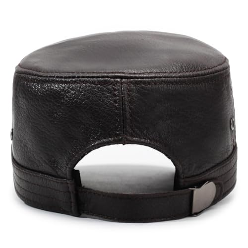 Men's Leather Military Style Hat Cadet Army Caps Flat Top Cap - color: Brown
