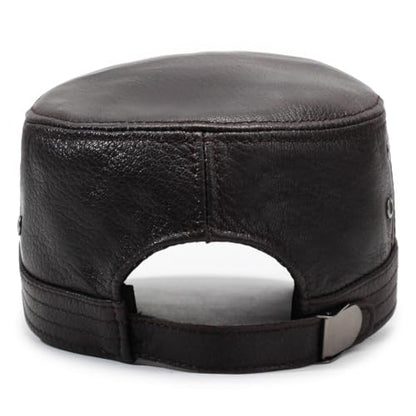 Men's Leather Military Style Hat Cadet Army Caps Flat Top Cap - color: Brown