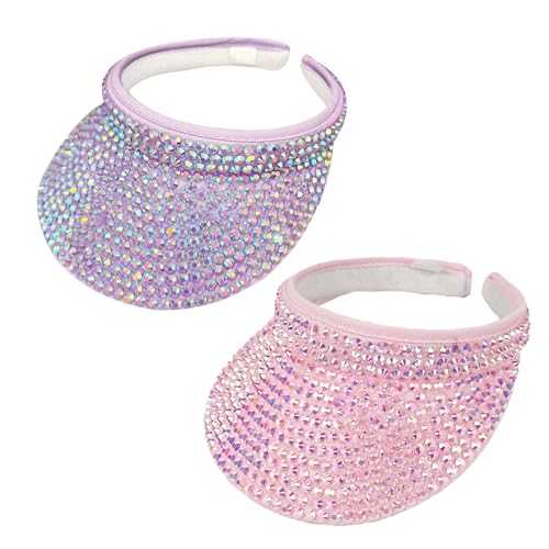 2 Pack Sparkly Rhinestone Clip on Visor Hats Women Men Sun Visors Hat Crystal Studded Shiny Sports Golf Beach Tennis Caps - color: Purple-pink