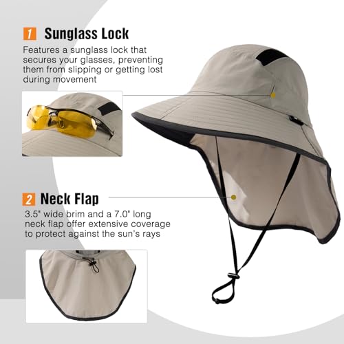 TOP-EX Wide Brim Sun Hat for Men Women with Neck Flap & Sunglass Lock - color: Light Grey, size: Large-X-Large