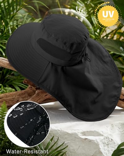 Women Sun Hats UV Protection Wide Brim with Bucket Ponytail Hole - color: Black