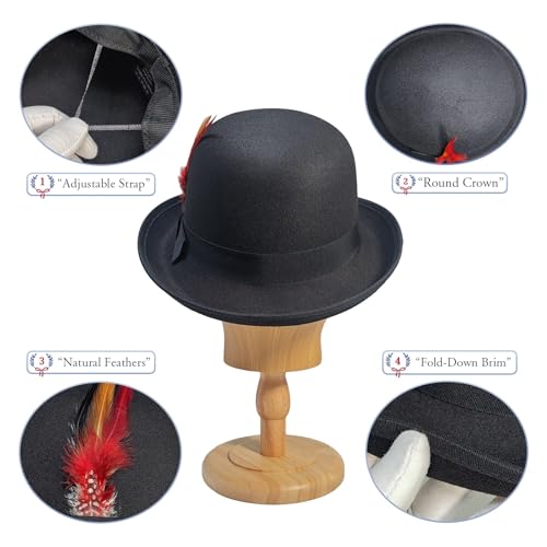 Classic Fedora Hat with Feather, Dome Hard Bowler Cap - color: Black