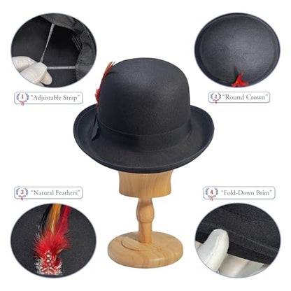 Classic Fedora Hat with Feather, Dome Hard Bowler Cap - color: Black