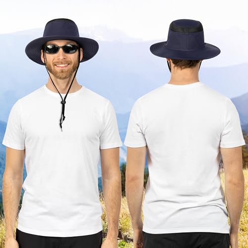 SUN CUBE Wide Brim Sun Hat for Men Women UPF 50+ UV Protection Safari Boonie Hat with Chin Strap, Pocket, Fishing Hiking Hat - color: Navy