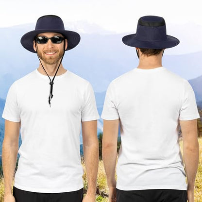 SUN CUBE Wide Brim Sun Hat for Men Women UPF 50+ UV Protection Safari Boonie Hat with Chin Strap, Pocket, Fishing Hiking Hat - color: Navy