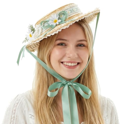 Victorian Tea Party Sun Hat, Wide Brim Straw Flat Cap - color: Green