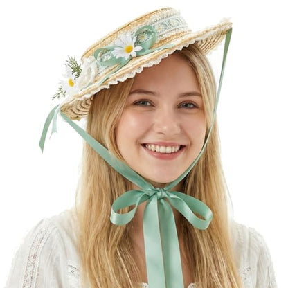 Victorian Tea Party Sun Hat, Wide Brim Straw Flat Cap - color: Green
