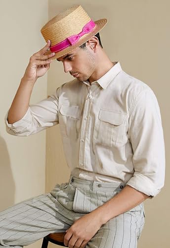 BABEYOND Men's Straw Boater Hat, 1920s Gatsby Summer Costume Accessory - color: Pink, size: Large-X-Large