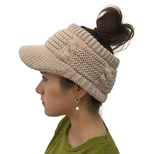 XYIYI Beanie Tail Winter Warm Knit Messy High Bun Ponytail Hats Visor Beanie Cap - color: Beige