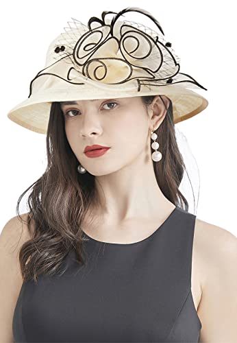 Organza Fascinator Hat - Women’s Wide Brim Church Bridal Tea Party Wedding Hat - color: 03-beige,black