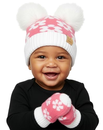 Funky Junque Baby Double Faux Fur Pom Pom Beanie & Mittens Set – Newborn Infant 0–9 Months Winter Hat with Soft Lined Mittens - color: Daisy: Candy Pink (0-9 Months)