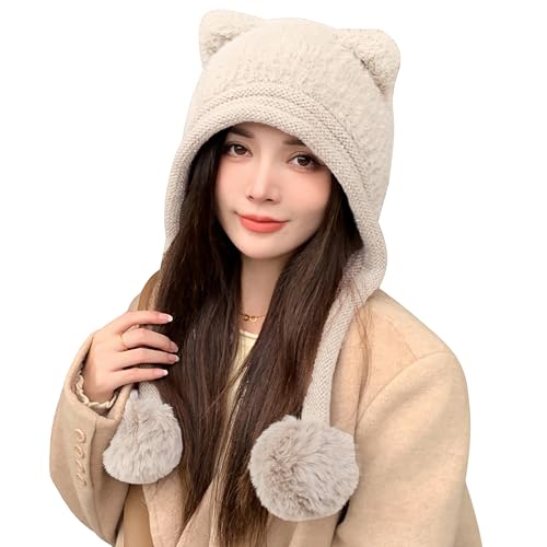 HUAMULAN Women Winter Sherpa Knit Beanie Hats with Pom Poms Ear Flaps - color: Xz3123-mise