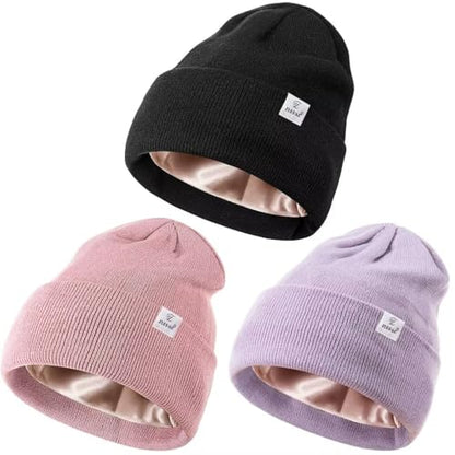 3 Pack Satin Lined Winter Beanie Hats for Women Men,Silk Lined Womens Beanies Knit Soft Warm Cuffed Hat - color: Black+pink+purple