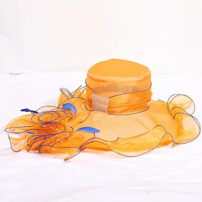 Women Oganza Sun Hat Church Wide Brim Wedding Formal Fascinator Hat - color: Orange