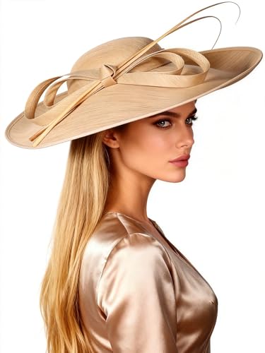 Big Wide Brim Fascinator Hats for Women Ladies Kentucky Tea Party Dress Flat Top Fedoras Hat with Bow Feather - color: Champagne