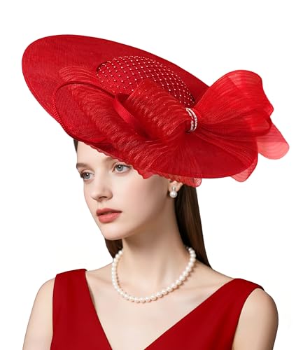 dressfan Wide Brim Fascinator Hats for Women,20s Linen Rhinestones Bow Big Hat for Derby Church Wedding Tea Party - color: Red